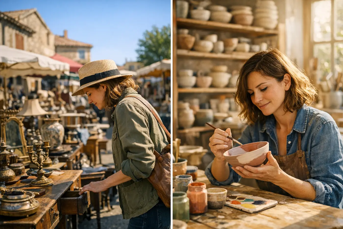 Un viaggiatore esplora un mercatino delle pulci locale e un laboratorio di ceramica grazie alle raccomandazioni di Guideo
