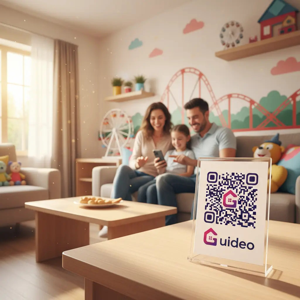 Un viaggiatore sorridente scopre la sua sistemazione vacanziera grazie alla guida di benvenuto digitale di Guideo